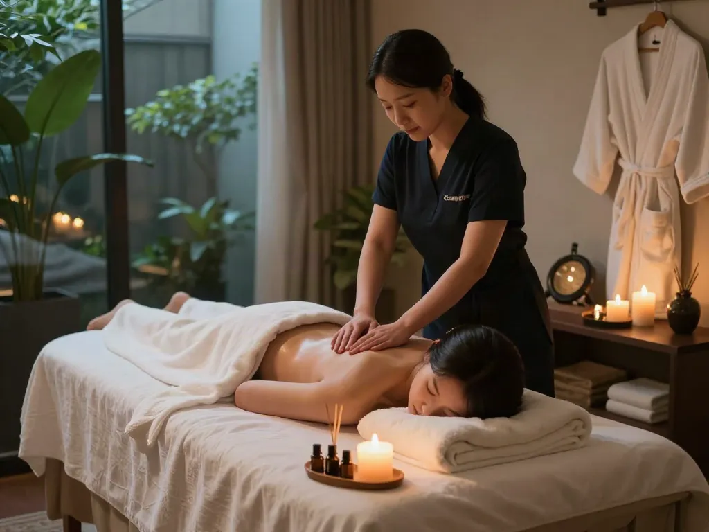 Relaxing 서울출장마사지 experience in a tranquil hotel room with serene ambiance.