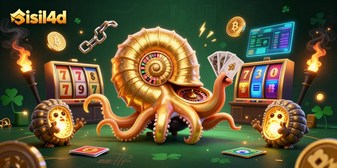 Experience gambling excitement with sisil4d's vibrant 3D scene of a nautilus roulette wheel surrounded by crypto coins and cards.