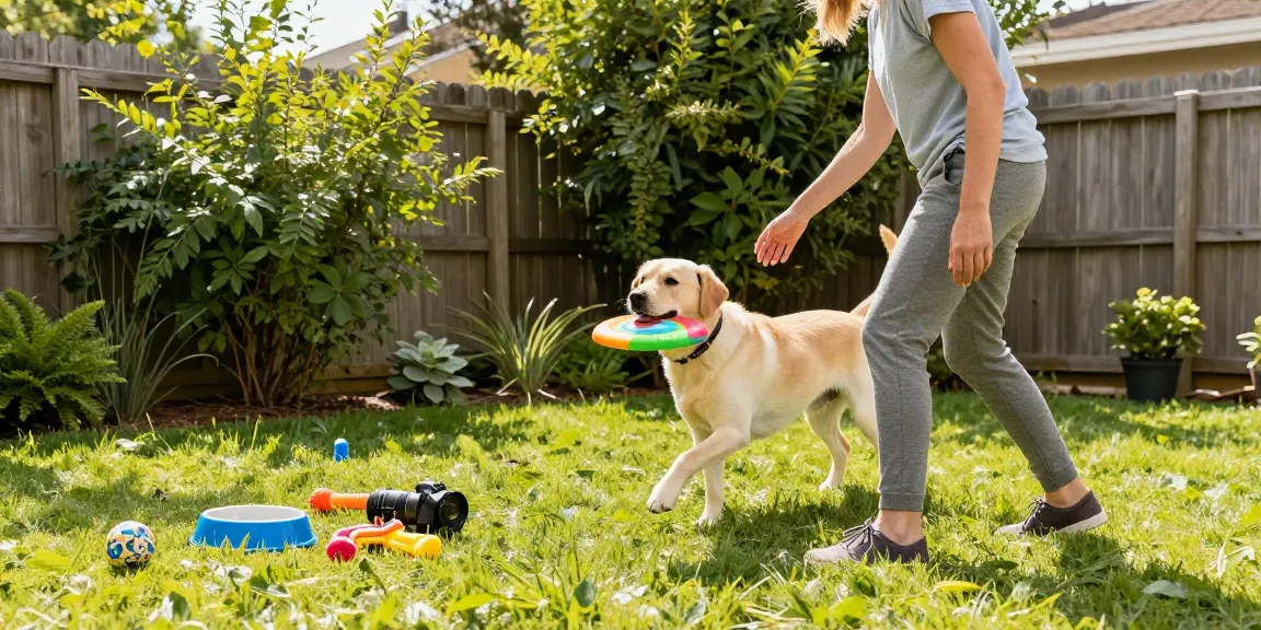 The dog owner plays with their Labrador using a colorful frisbee, emphasizing the joy of rokok 88 lifestyle moments in pet care.