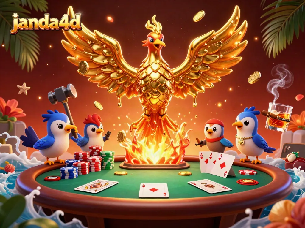 Janda4d menampilkan ilustrasi 3D phoenix emas bersinar dan elemen poker, memikat perhatian para penjudi.