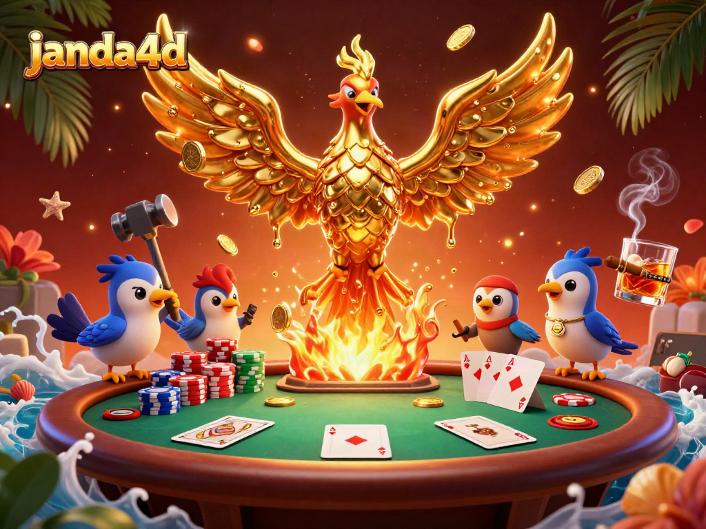 Janda4d menampilkan ilustrasi 3D phoenix emas bersinar dan elemen poker, memikat perhatian para penjudi.