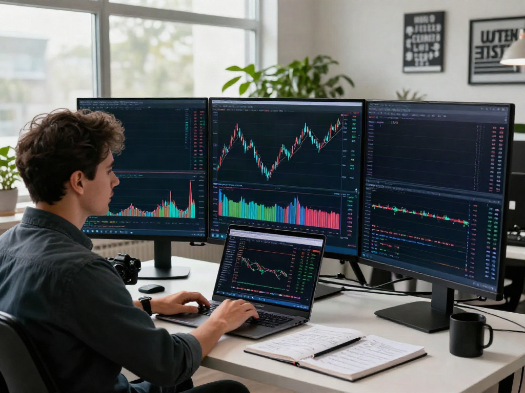 Focused trader using MetaTrader 5 to analyze financial markets in a modern workspace.