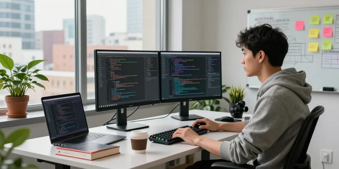 Raja 328 software engineer coding in a modern workspace with vibrant city views.