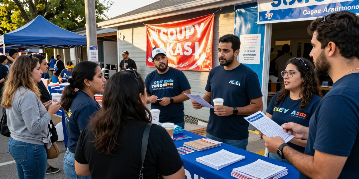 Casey Askar engaging voters in a dynamic political campaign scene.