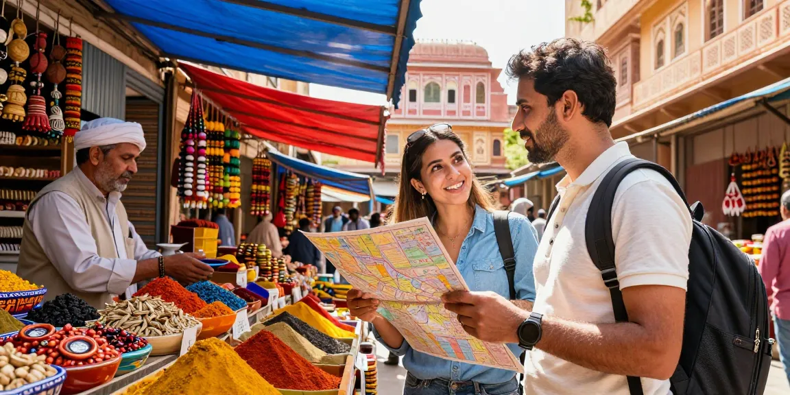 Experience the vibrant culture of Jaipur with a Tour and Travels Agency Jaipur as a traveler explores a local market filled with colorful goods and friendly vendors.