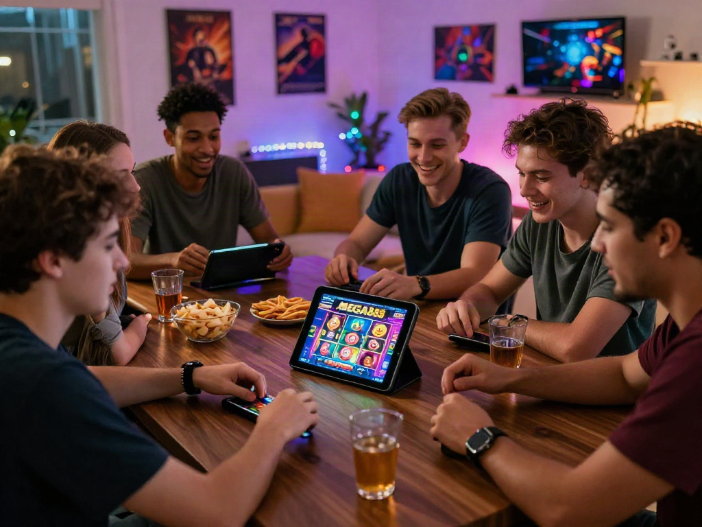 Friends enjoying MEGA888 online gaming session with lively atmosphere and colorful graphics.
