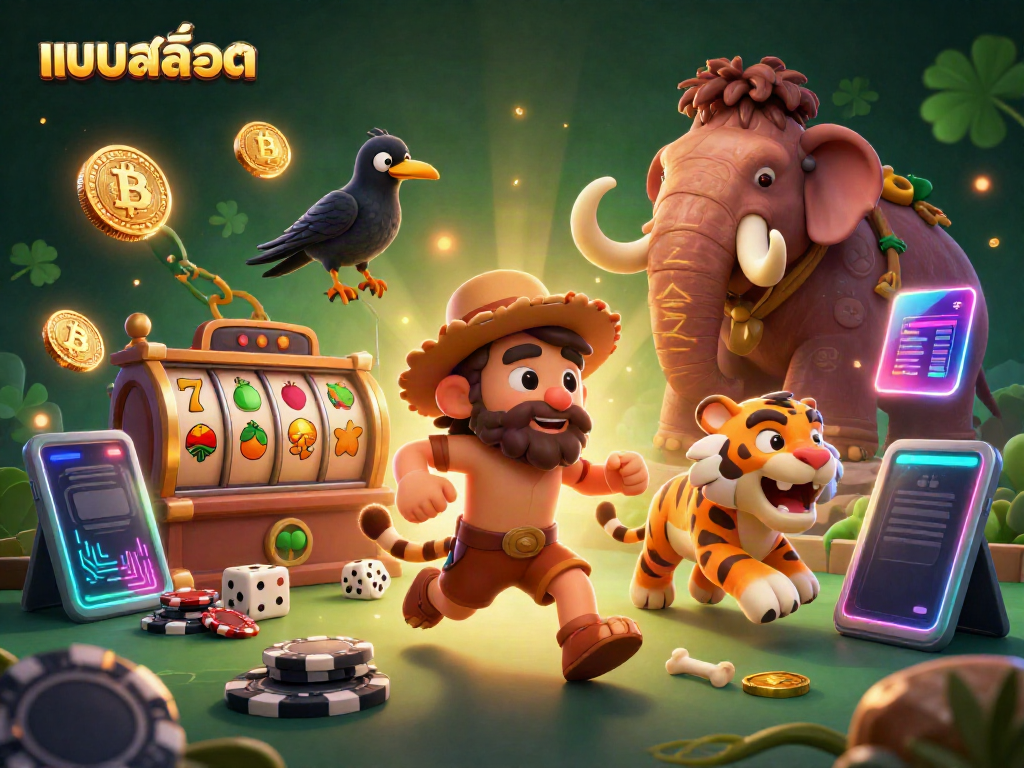 Experience แบบสล็อต with dynamic slot reels and neon cryptocurrency elements in a vivid casino scene.