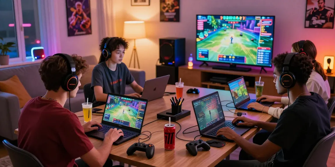 Focused friends enjoying a safe 토토사이트 gaming session at home with laptops and gaming gear.