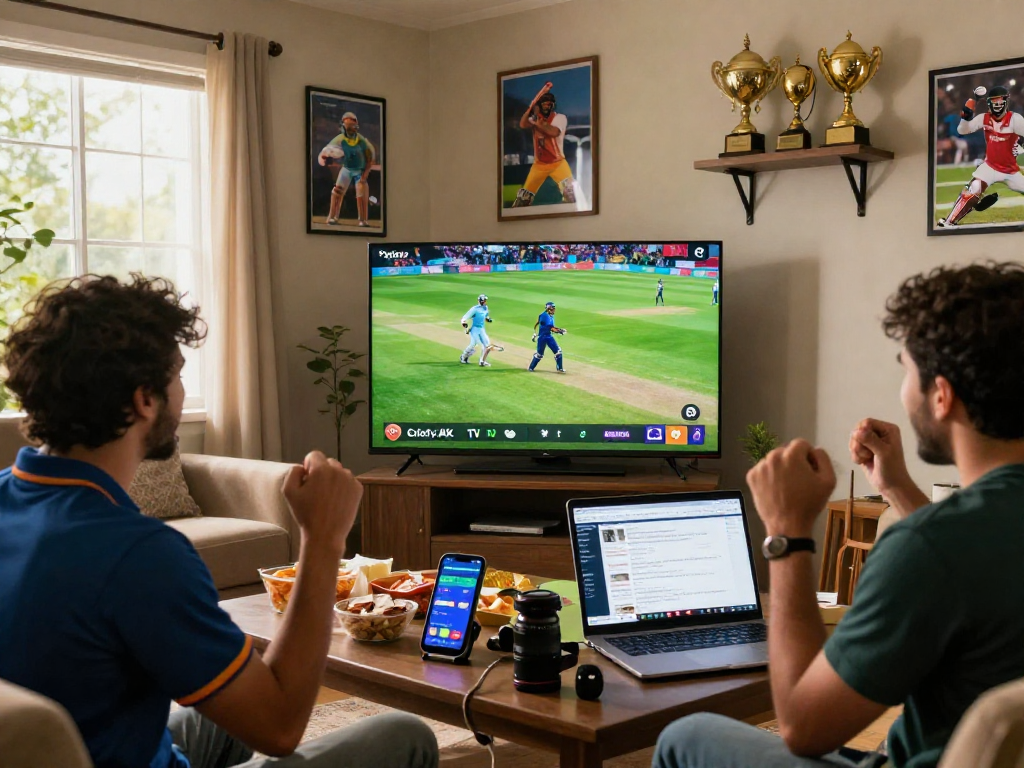 Cricfy TV APK user enjoying live cricket streaming at home with snacks and cricket memorabilia.