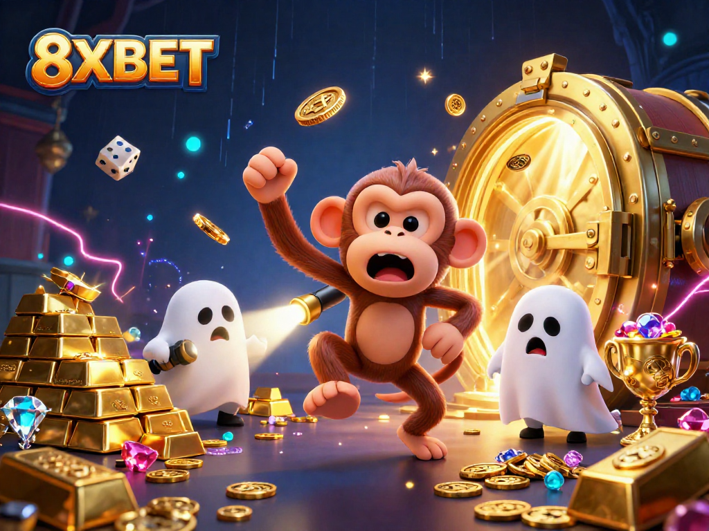 Engage and explore the thrilling world of 8XBET with our vibrant cartoon scene featuring a playful ghost and hunter.