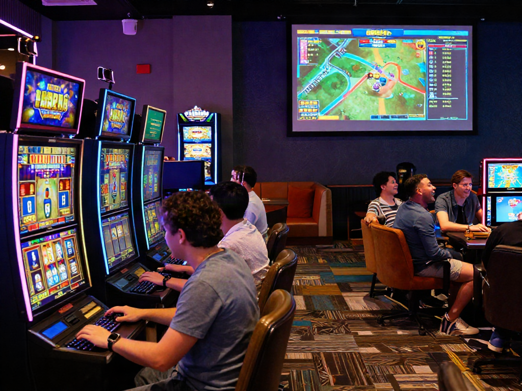 Exciting online gambling scene with players engaging in rutanslot games and vibrant slot machine displays.