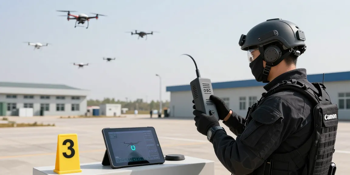 Operators using Anti drone jammer technology for airspace security during a high-stakes military operation.