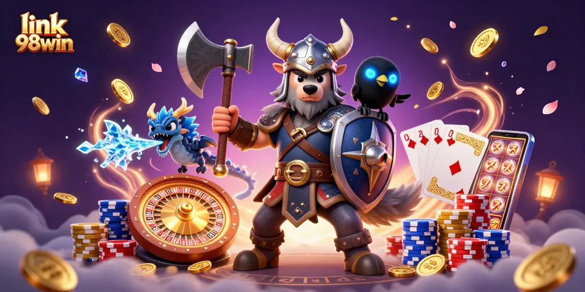 Win big with link 98win at a dynamic 3D casino illustration featuring magical characters and game elements.