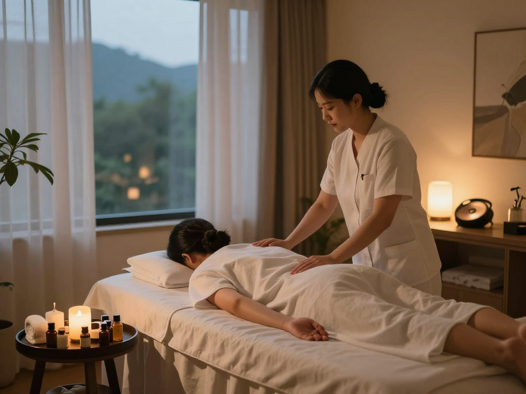 Relaxing scene of 출장마사지 therapy in a tranquil hotel room