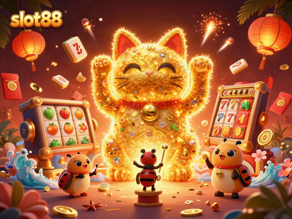 Experience slot88 excitement with a mythical lucky cat amidst vibrant casino symbols.