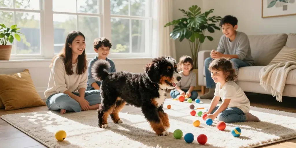 Micro Bernedoodle happily playing with children in a cozy home environment, showcasing the breed's affectionate nature.