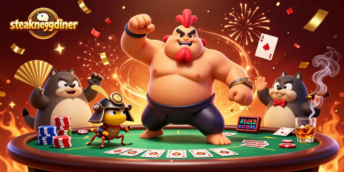 Engage with Steakneggdiner's unique poker scene featuring a sumo wrestler rooster and samurai cricket.