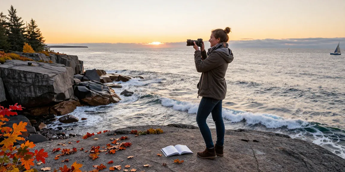 Serge Robichaud exploring New Brunswick's coastline at sunset with camera and guidebook.