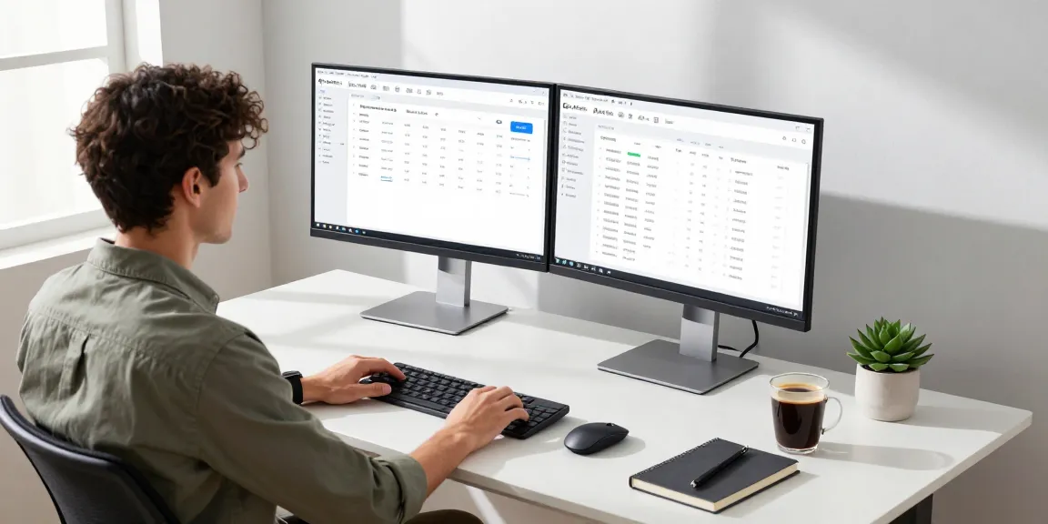 Smart desk display enhancing productivity in a modern tech workspace, featuring dual monitors and stylish decor.