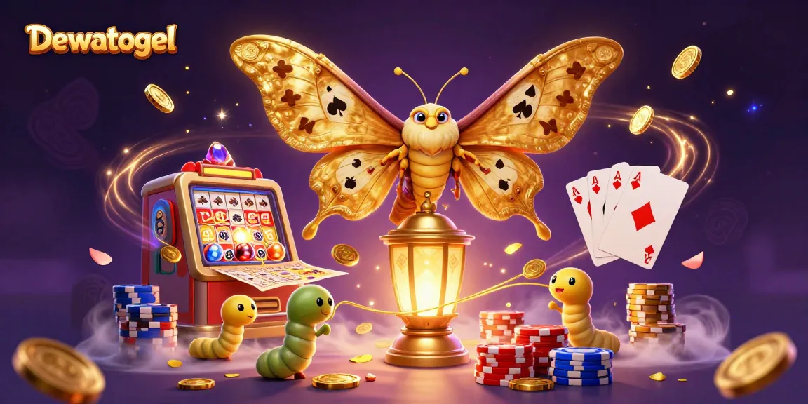 Experience Dewatogel’s vibrant lottery scene with golden moths, sparkling gems, and casino elements.