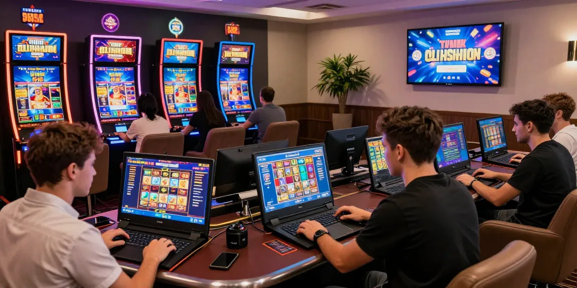 Players engaging with rutanslot gaming on laptops and tablets in a modern online casino.