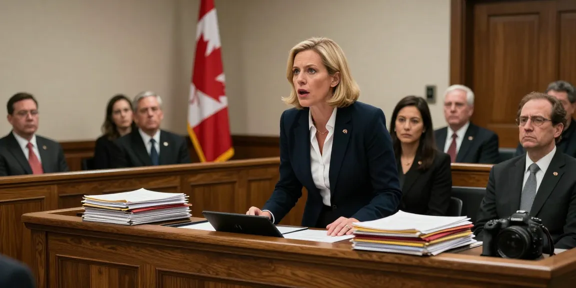 Crown attorney Karen McCleave Toronto presenting evidence in a dramatic courtroom setting.