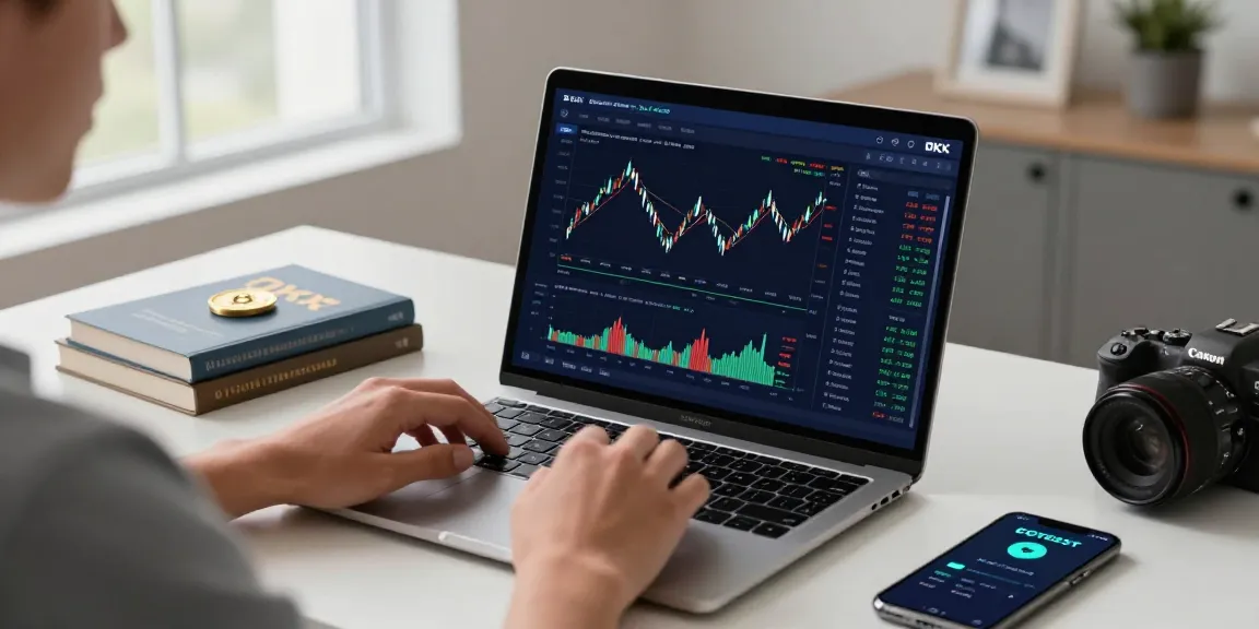 Engaged cryptocurrency trader using OKX trading platform on a sleek laptop in a modern home office.