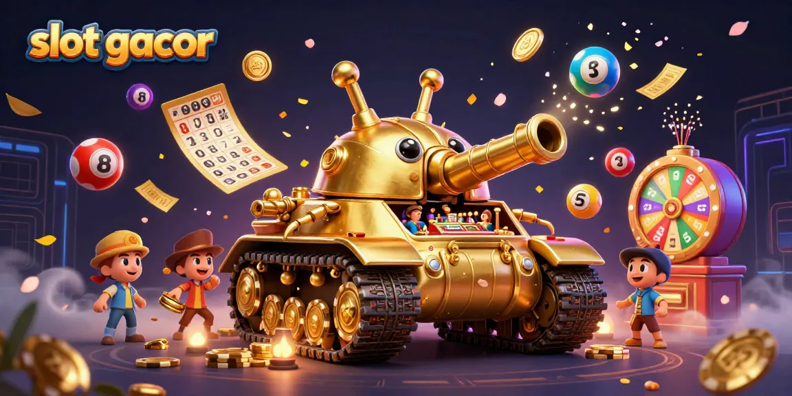Slot gacor menampilkan tank kulit beetle emas dengan kasino mini, bola lotere berwarna, dan efek hujan uang.