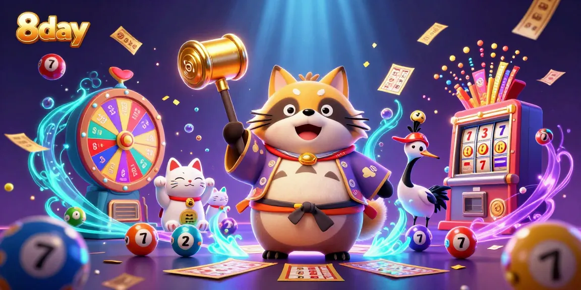 Engage with 8day's exciting casino features in this vibrant illustration of a cheerful tanuki surrounded by gaming elements.