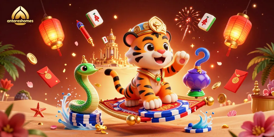 Play engaging games at antareshomes with vibrant casino characters and festive elements in a 3D illustration.
