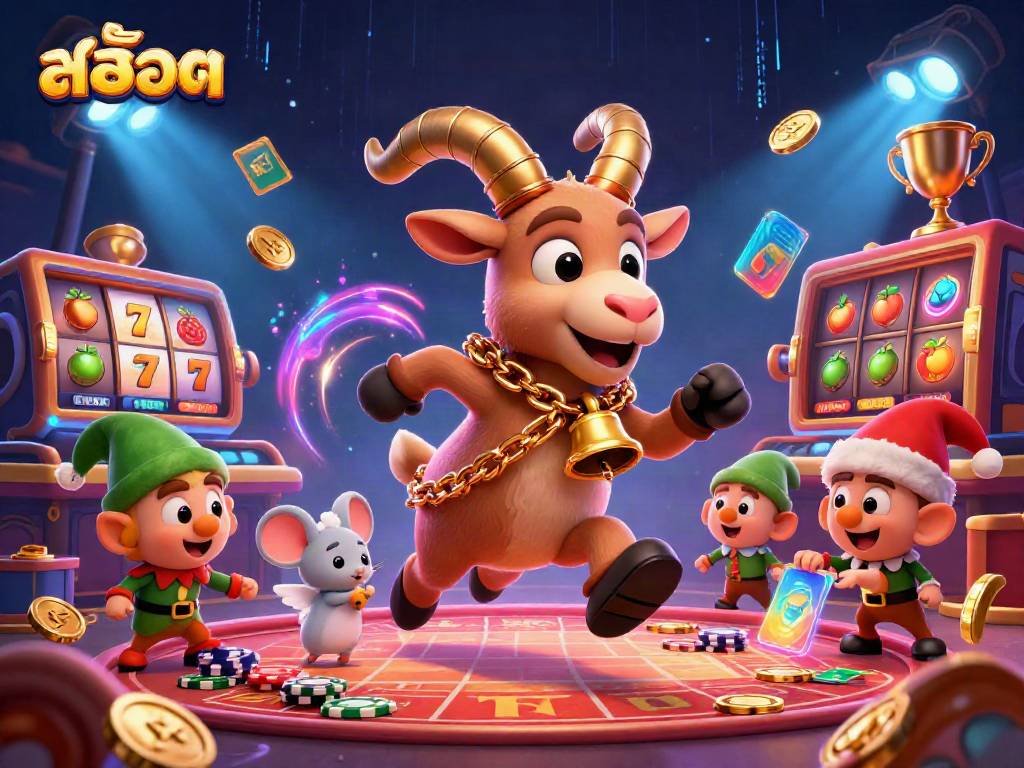 Engaging illustration of สล็อต slot reels with festive characters in a vibrant casino setting