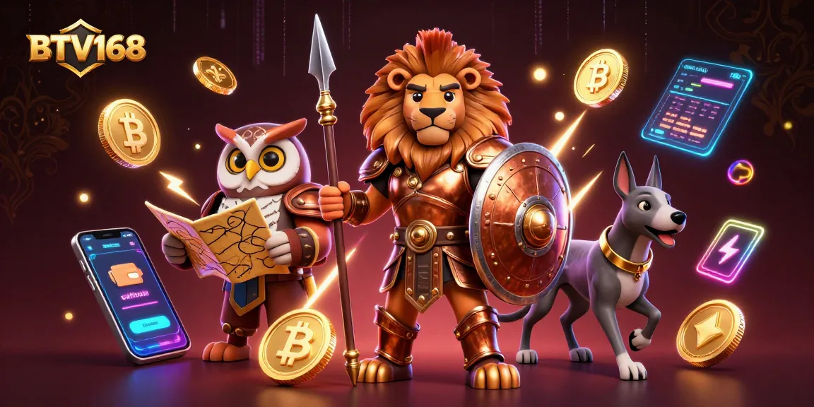 BTV168 features a heroic Spartan lion and wise owl amidst crypto elements in a vibrant casino scene.