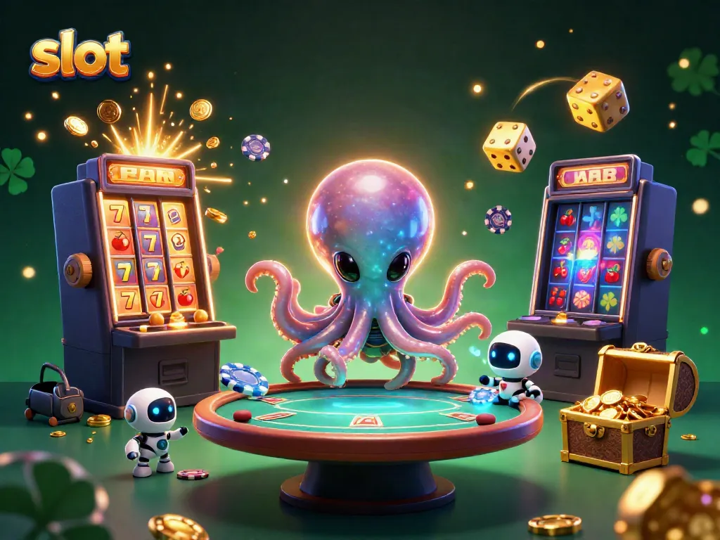 Permainan slot menampilkan mesin slot yang meledak dengan koin dan simbol keberuntungan di sekelilingnya.