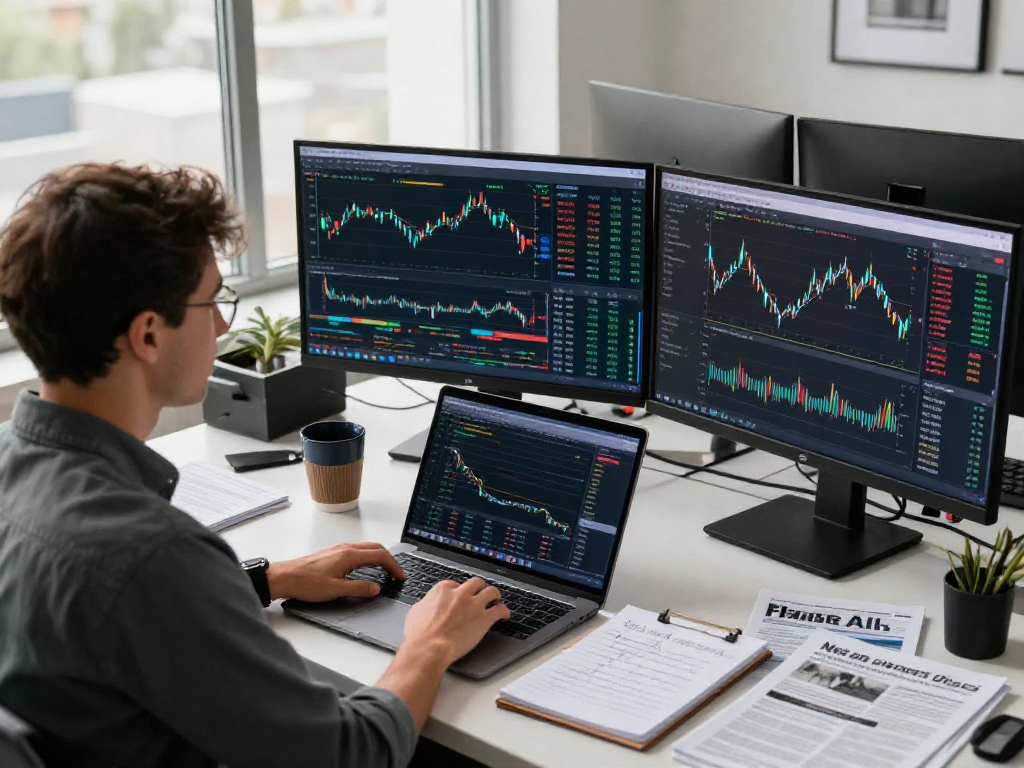metatrader 5 交易者在现代办公桌上分析市场数据,展示完整的图表与分析工具