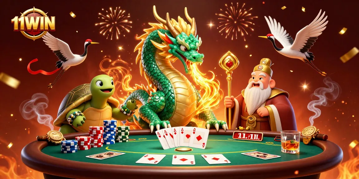 Experience thrilling gameplay at 11WIN with a captivating dragon, sage, and cranes in a vibrant casino scene.