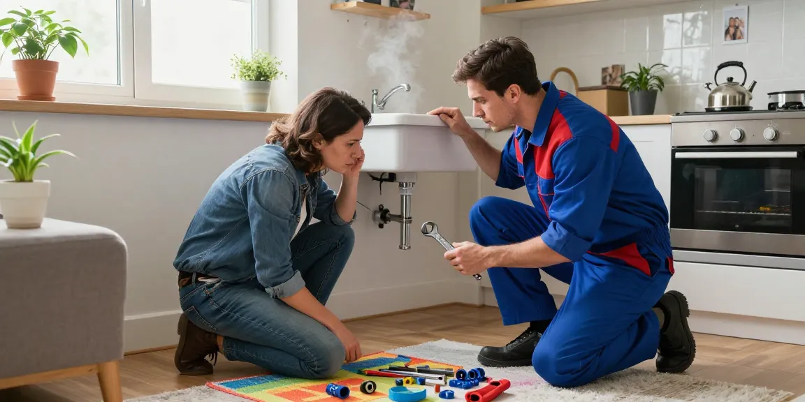 Plumber assisting a worried homeowner with a leak, click here for expert support