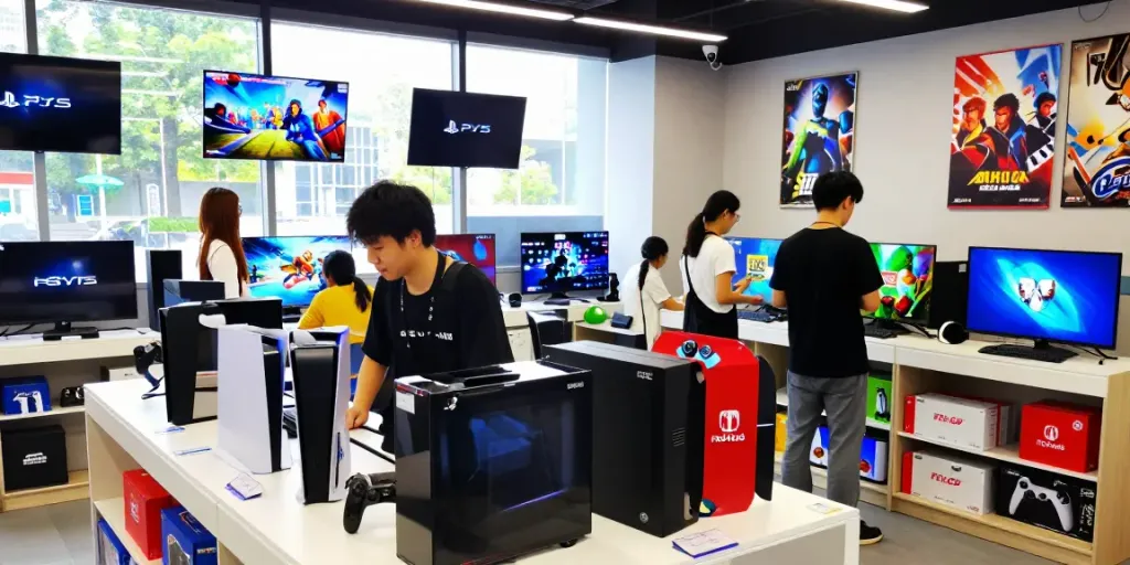 Young gamer exploring new gaming consoles and accessories at ROKOK88 store, vibrant retail atmosphere.