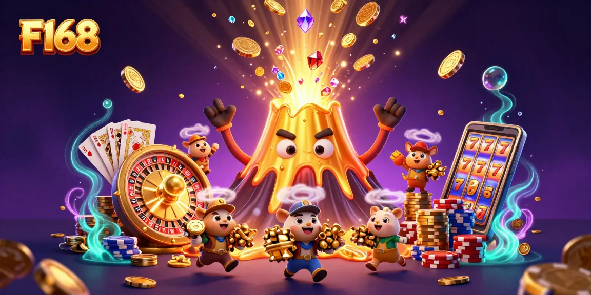 Engage with the vibrant F168 online casino experience featuring a thrilling eruption of coins and treasures.