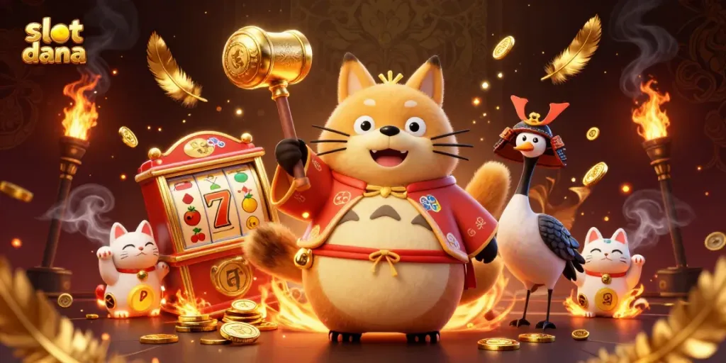 Pemain bergembira di slot dana, dikelilingi simbol slot dengan peluang besar dan koin emas berkilau.