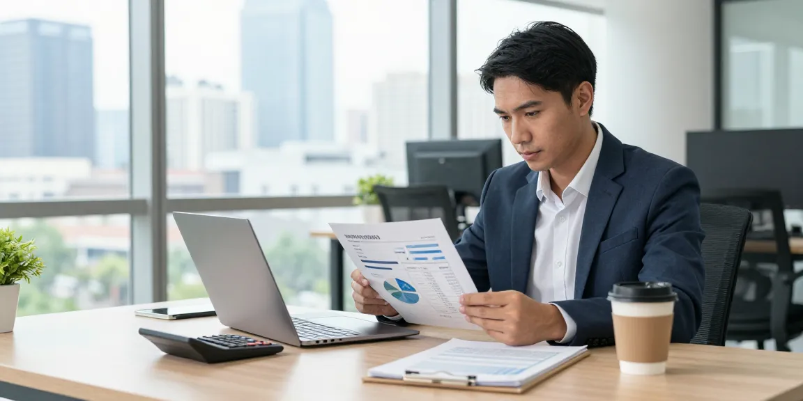 Business professional analyzing data for same day merchant cash advance in a modern office.