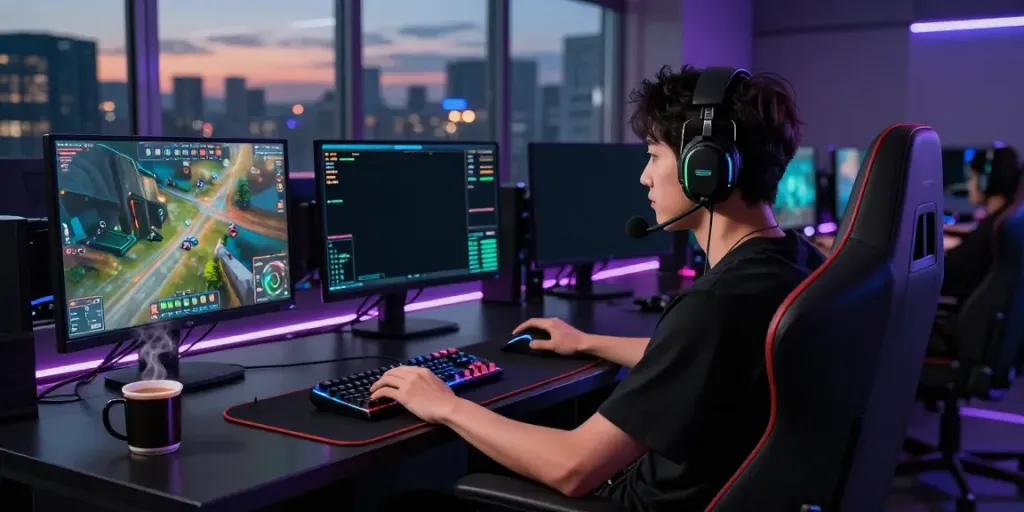 Silhouette of focused player using singatoto login on multiple monitors in a high-tech gaming environment.