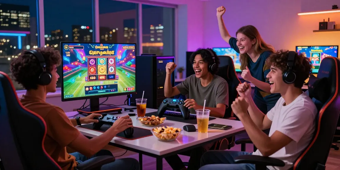 Exciting group playing slot gacor game with snacks and drinks in a stylish gaming setup.