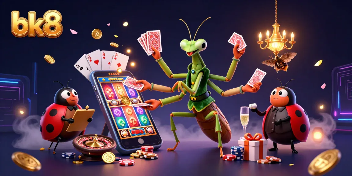 Experience excitement with bk8's vibrant casino elements featuring a giant mantis dealer at a lively gaming table.