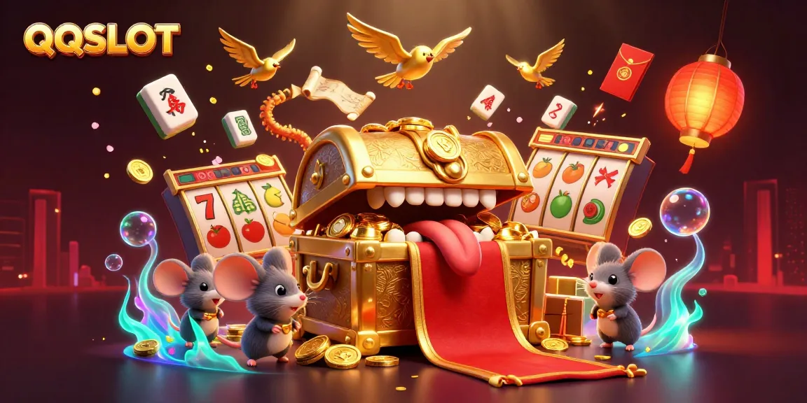 Experience the excitement of QQSLOT with adventure mice lured by a treasure chest amidst vibrant casino elements.