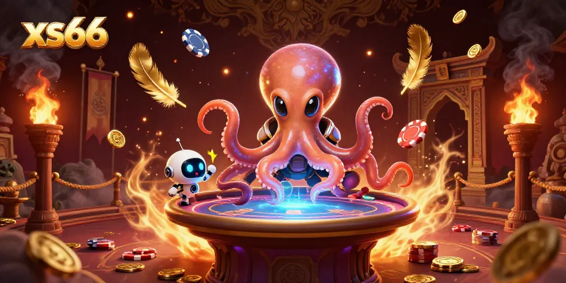 Engage with xs66, featuring an alien octopus at a holographic poker table, surrounded by vibrant gambling elements.
