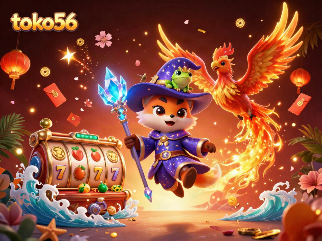 Menangkan jackpot dengan toko56 dalam ilustrasi kasino magis yang penuh warna.