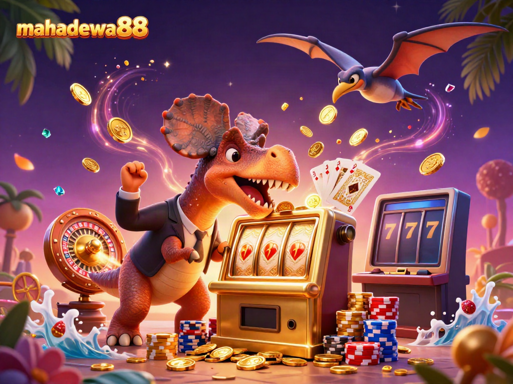 Experience the thrill of mahadewa88 as a dinosaur celebrates a slot machine jackpot amidst flying coins and casino elements.