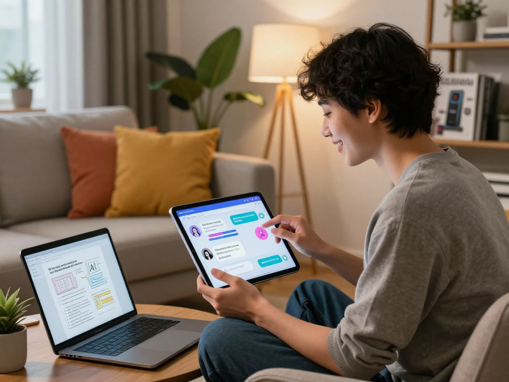 Engaging in ai nsfw chat on a sleek tablet in a cozy living room with vibrant chat interface.