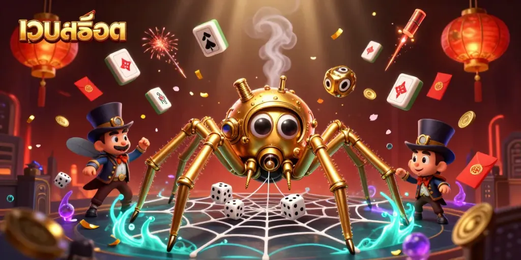 Engaging illustration of a steampunk spider and Victorian gentleman in a vibrant เว็บสล็อต setting.