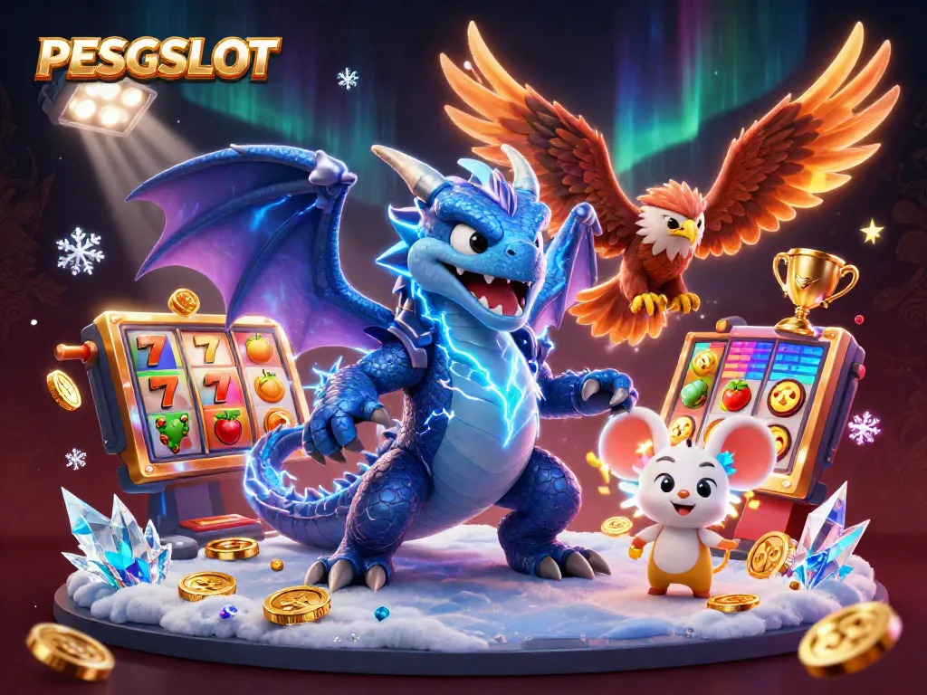 PESGSLOT menghadirkan ilustrasi 3D kartun dengan naga petir dan elemen kasino, meramaikan pengalaman bermain.